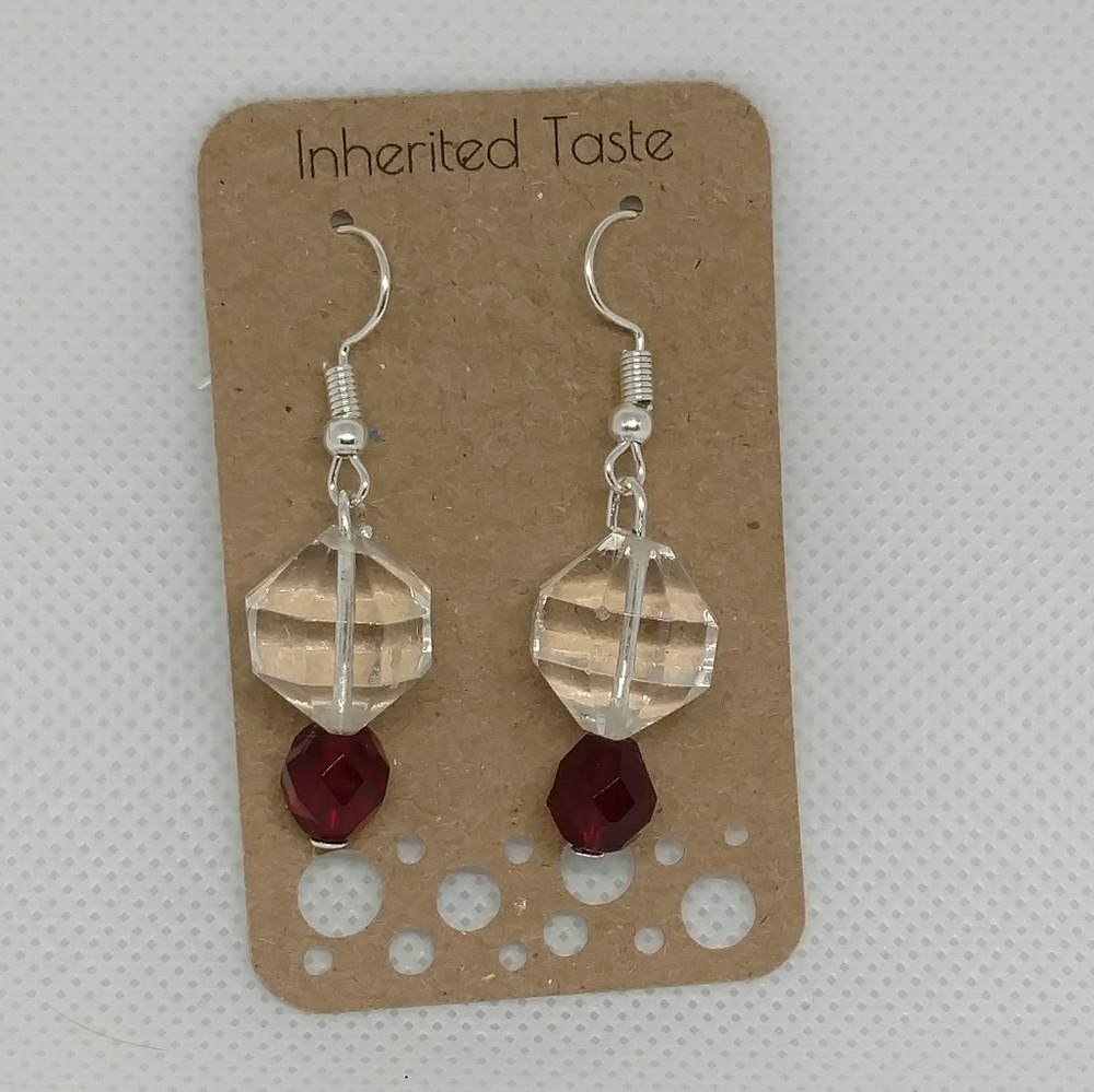 Clear and red faceted bead dangle earrings